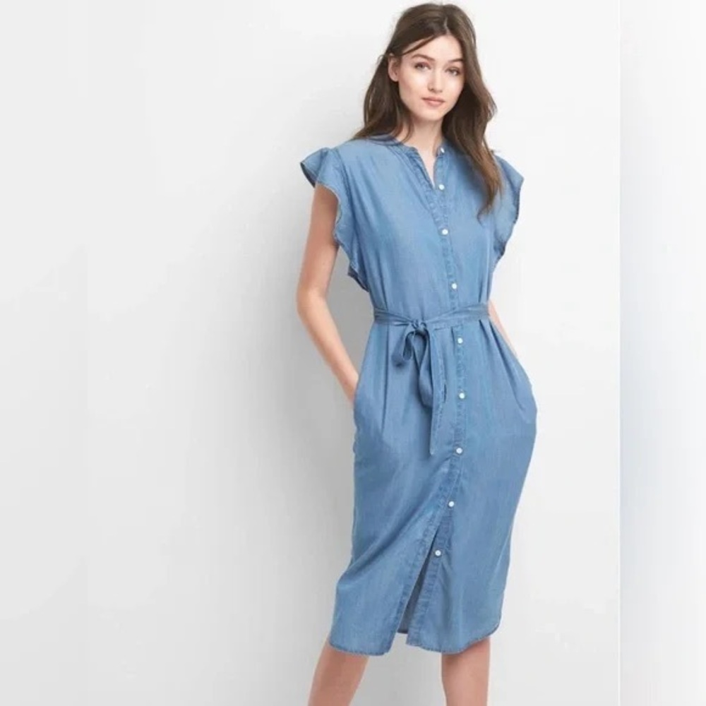 Gap Flutter Sleeve Chambray Tencel Midi Shirt Dress - Med Indigo - Size XS